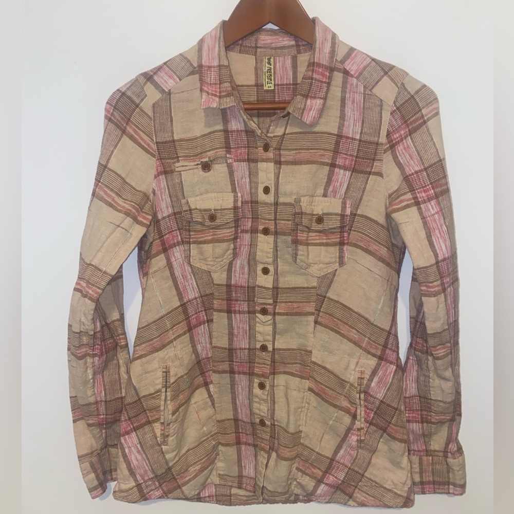 Free People Plaid Button Down Shirt - Pink and Tan